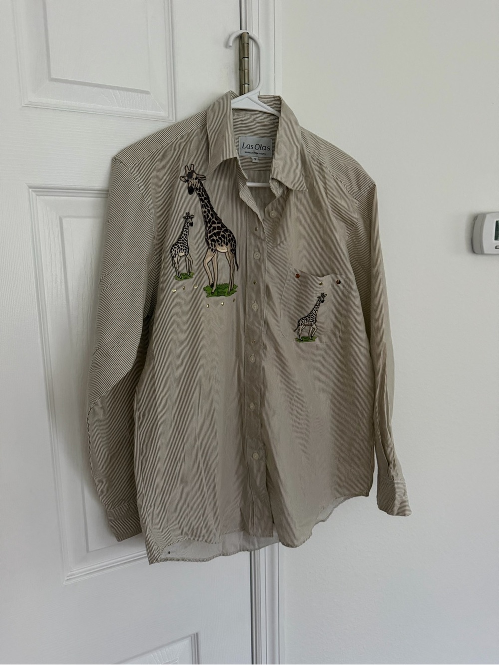 Vintage 90s Las Olas Embroidered Giraffe Pinstripe Button Down Shirt M